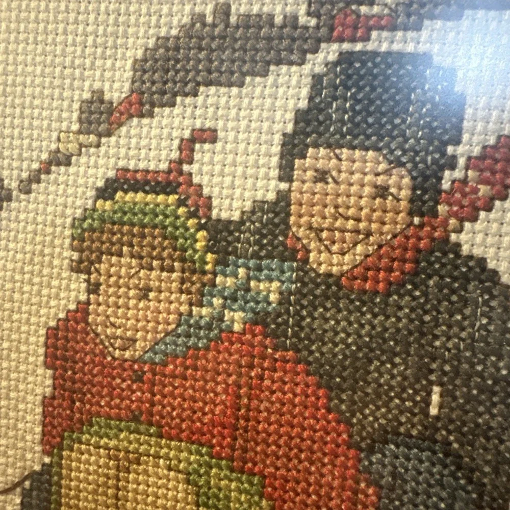 Vtg Crossstitch In Gold Grame Winter Holiday Sledding